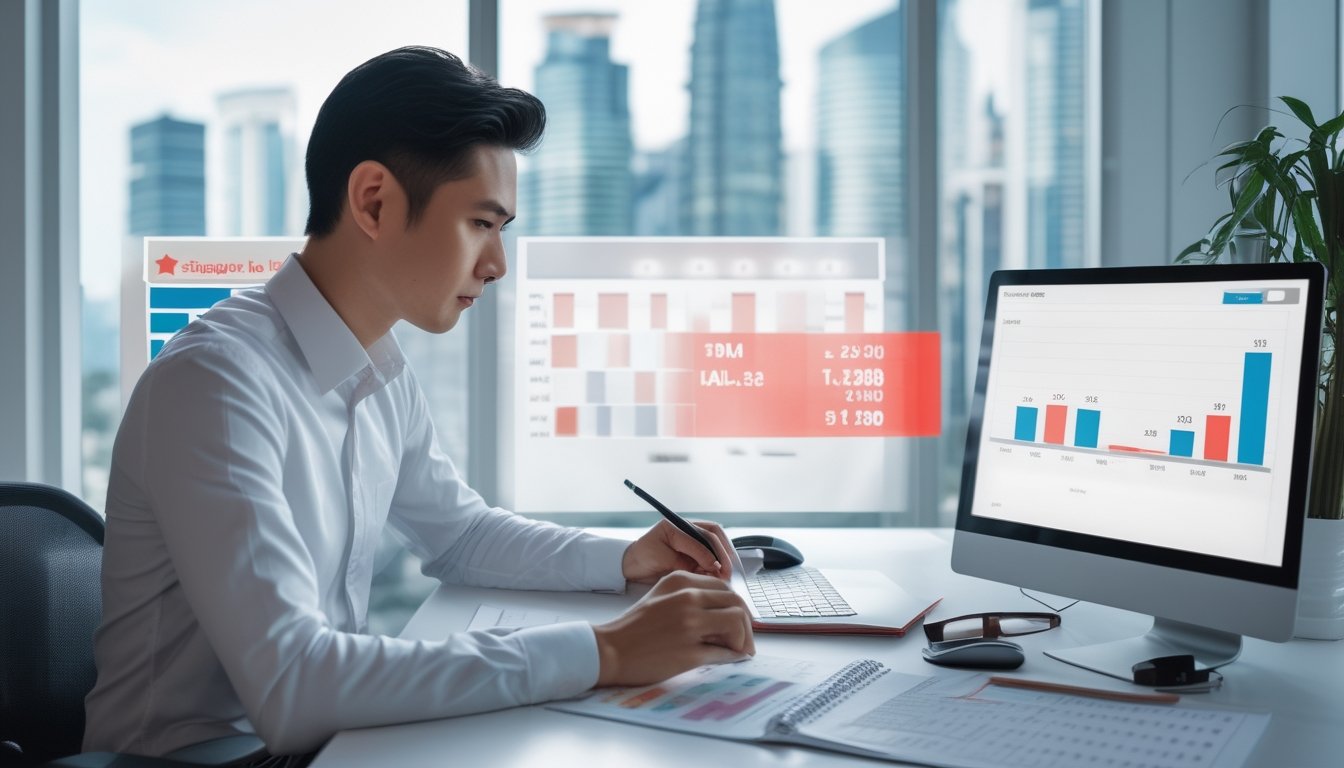 Analis meninjau grafik statistik dan kalender di meja kantor dengan latar cakrawala Singapura.