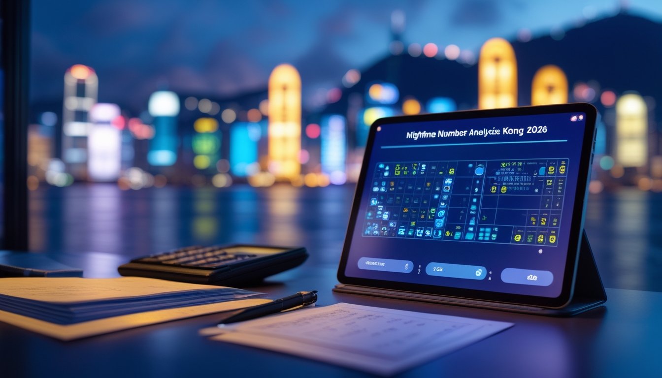 Meja analisis dengan tablet, kalkulator, dan kertas kosong di depan pemandangan malam Hong Kong.