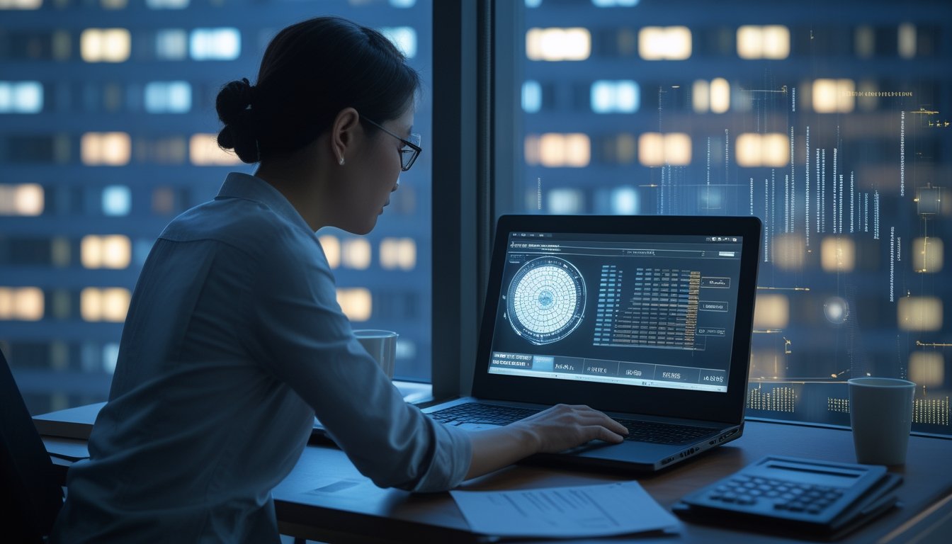 Seseorang menganalisis data abstrak di laptop dengan perlengkapan catatan di meja, berlatar suasana kota pada malam hari.