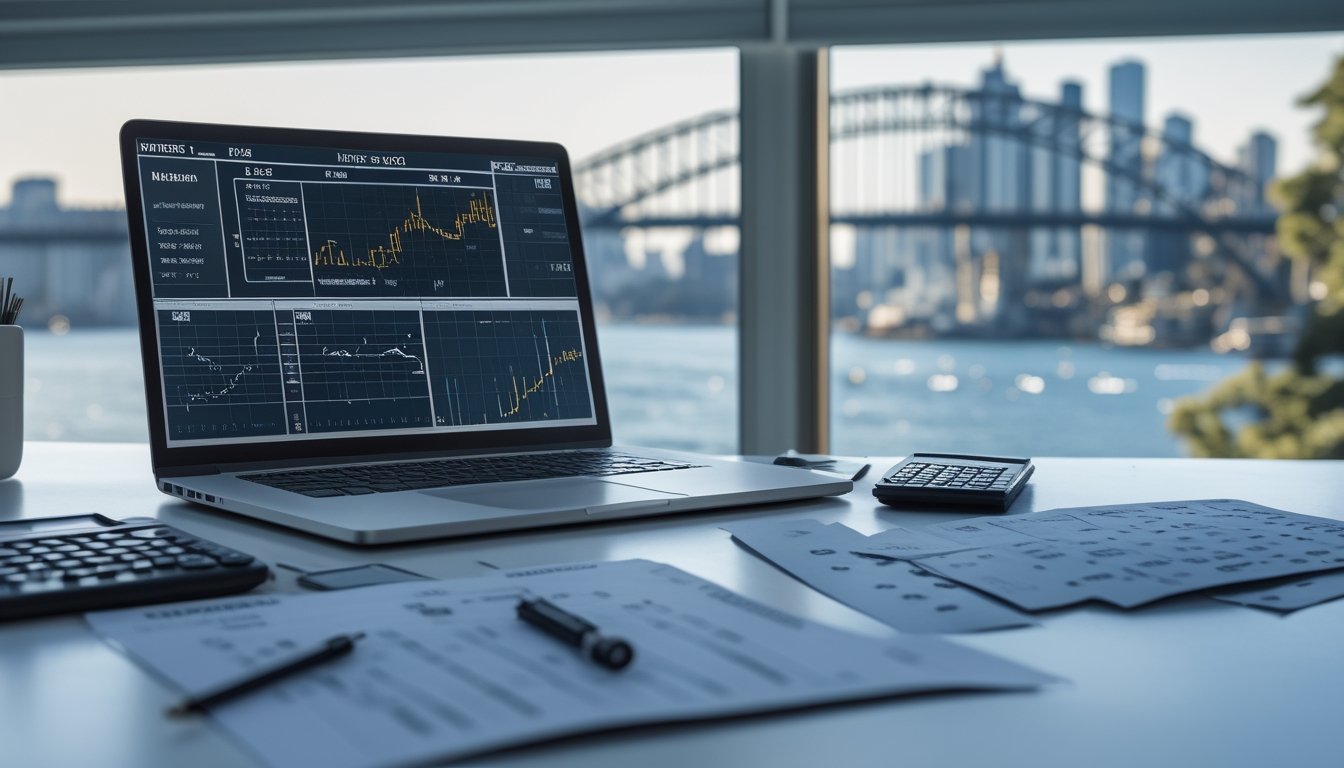 Meja kerja modern dengan laptop berisi grafik abstrak, kalkulator, lembar kisi kosong, dan pemandangan kota Sydney yang samar di latar belakang.