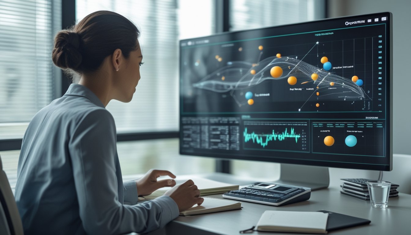 Seorang analis mempelajari visualisasi abstrak tentang probabilitas dan hasil acak di ruang kerja modern.