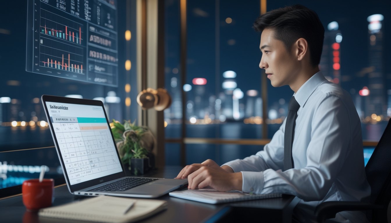 Seorang analis meninjau grafik data abstrak di laptop dalam ruang kerja modern.