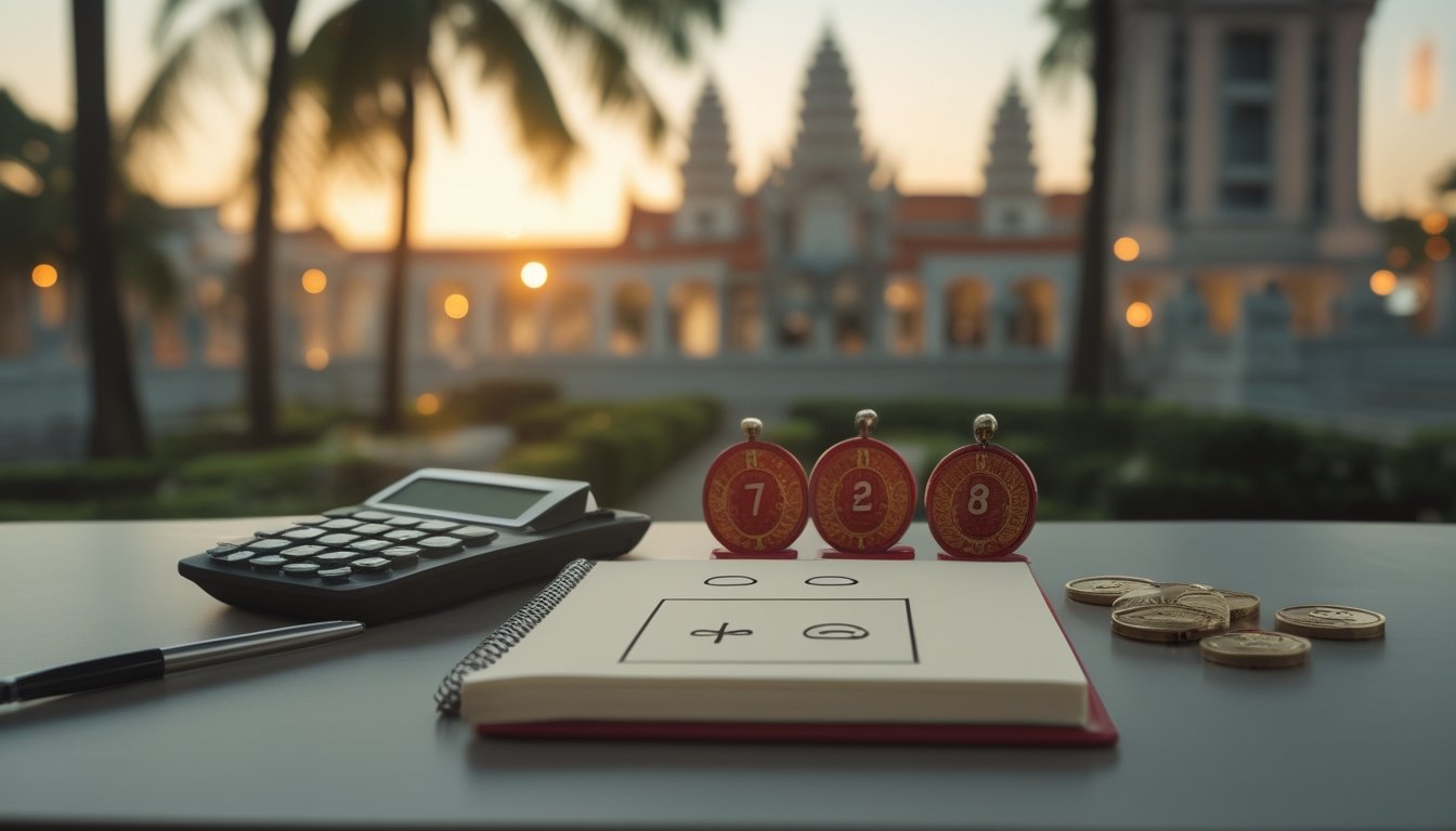 Meja dengan kalkulator, token bernomor, ornamen merah emas, dan suasana kota Kamboja yang hangat.