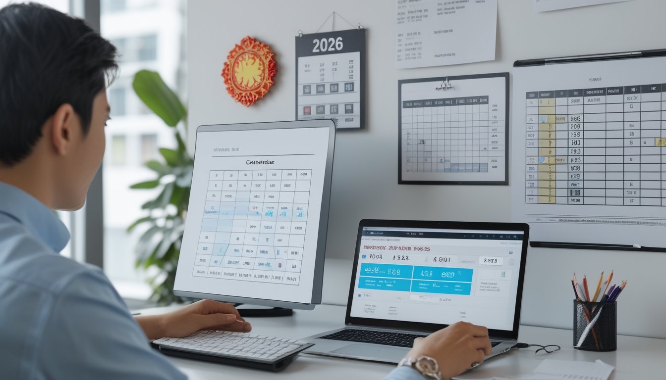 Seorang analis meninjau grafik data dan kalender undian di meja kerja modern.