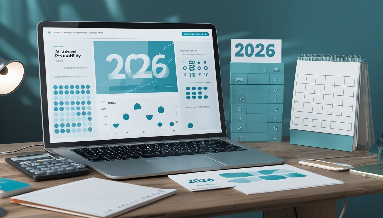 Meja kerja modern dengan laptop, grafik abstrak, kalkulator, keping angka, dan kalender tahun 2026.