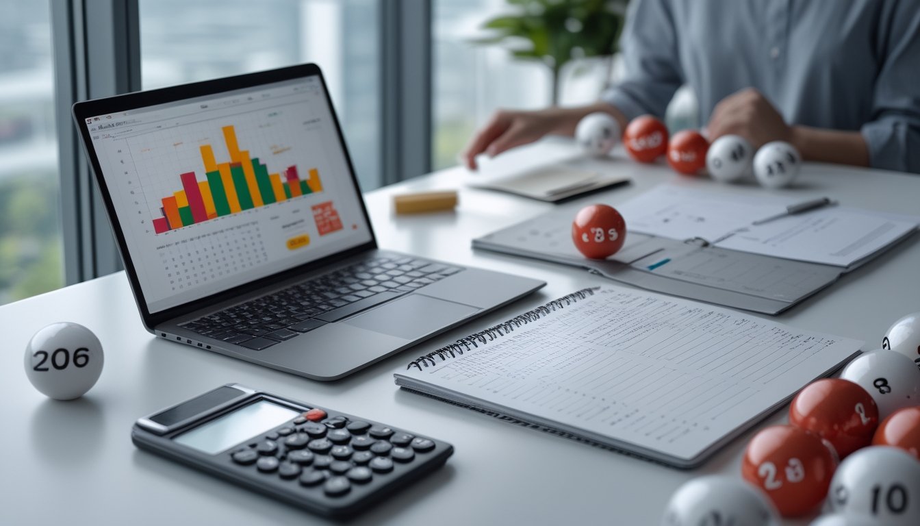 Meja kerja modern dengan laptop berisi grafik statistik abstrak, kalender, kalkulator, dan bola undian tanpa angka yang terlihat.