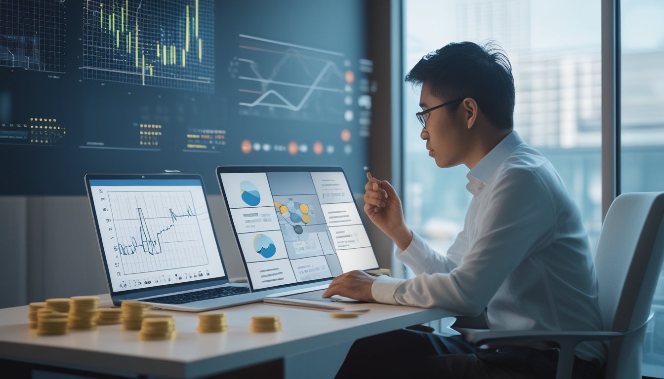 Seseorang menganalisis grafik probabilitas dan pola angka abstrak di meja kerja untuk memahami risiko dan ketidakpastian.