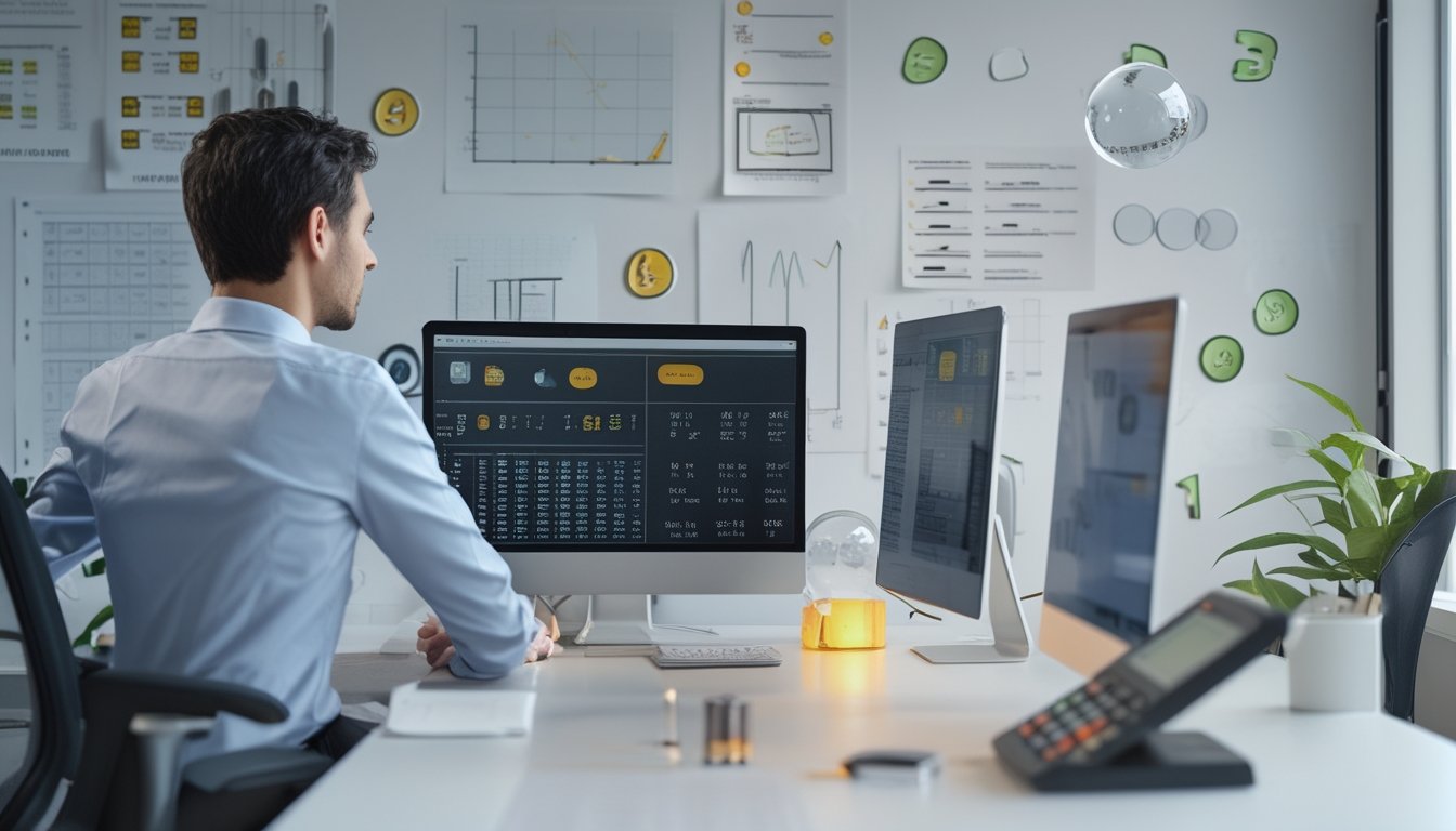 Analis data mempelajari pola angka dan grafik probabilitas di meja kerja modern.