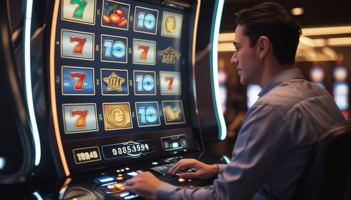 Seorang pemain dewasa memainkan mesin slot bertema retro di kasino modern dengan pencahayaan warna-warni.