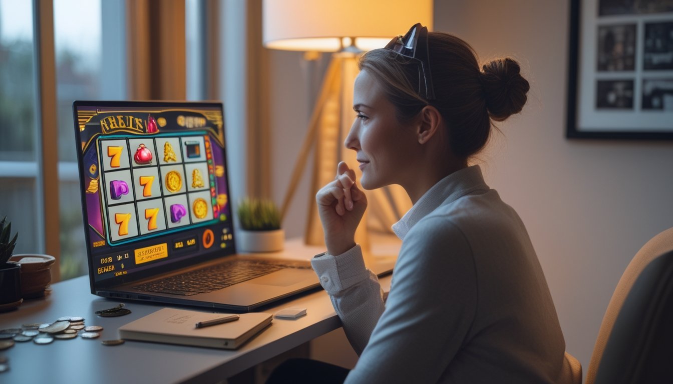 Pemula memainkan permainan slot bergaya retro di laptop dengan beberapa koin dan kalkulator di atas meja.