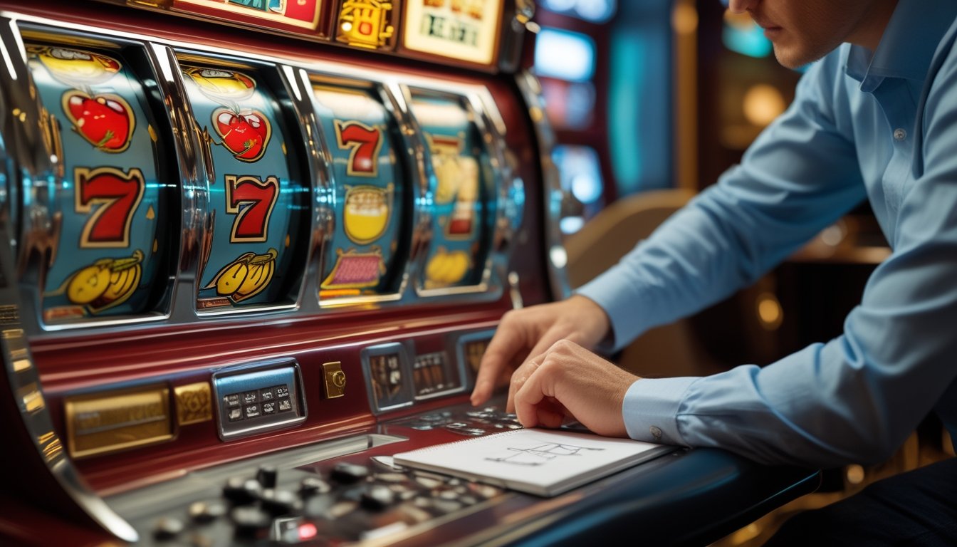 Mesin slot bergaya retro dengan simbol buah dan tangan pemain yang sedang merencanakan permainan.