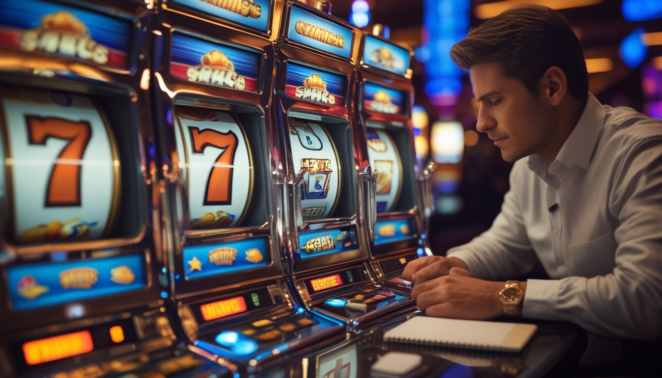 Pemain mengamati mesin slot bergaya retro dengan gulungan simbol warna-warni di lingkungan kasino.