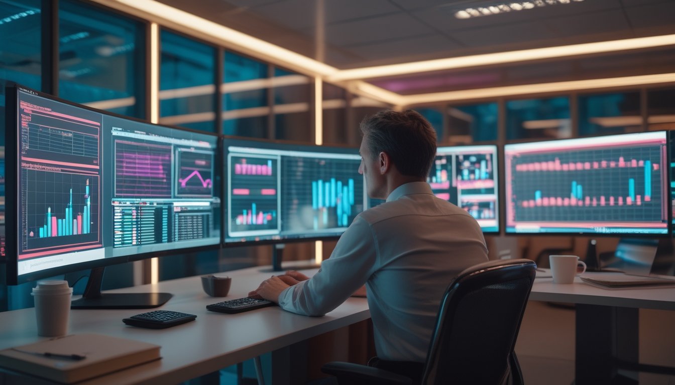 Seorang analis mempelajari grafik data abstrak pada beberapa monitor di ruang kerja modern bernuansa retro.