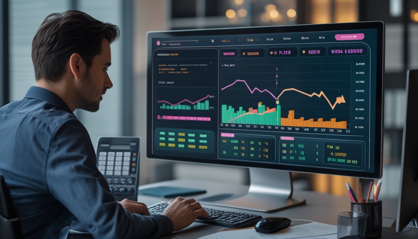 Seorang analis mempelajari grafik data dan indikator volatilitas pada monitor di meja kerja modern.