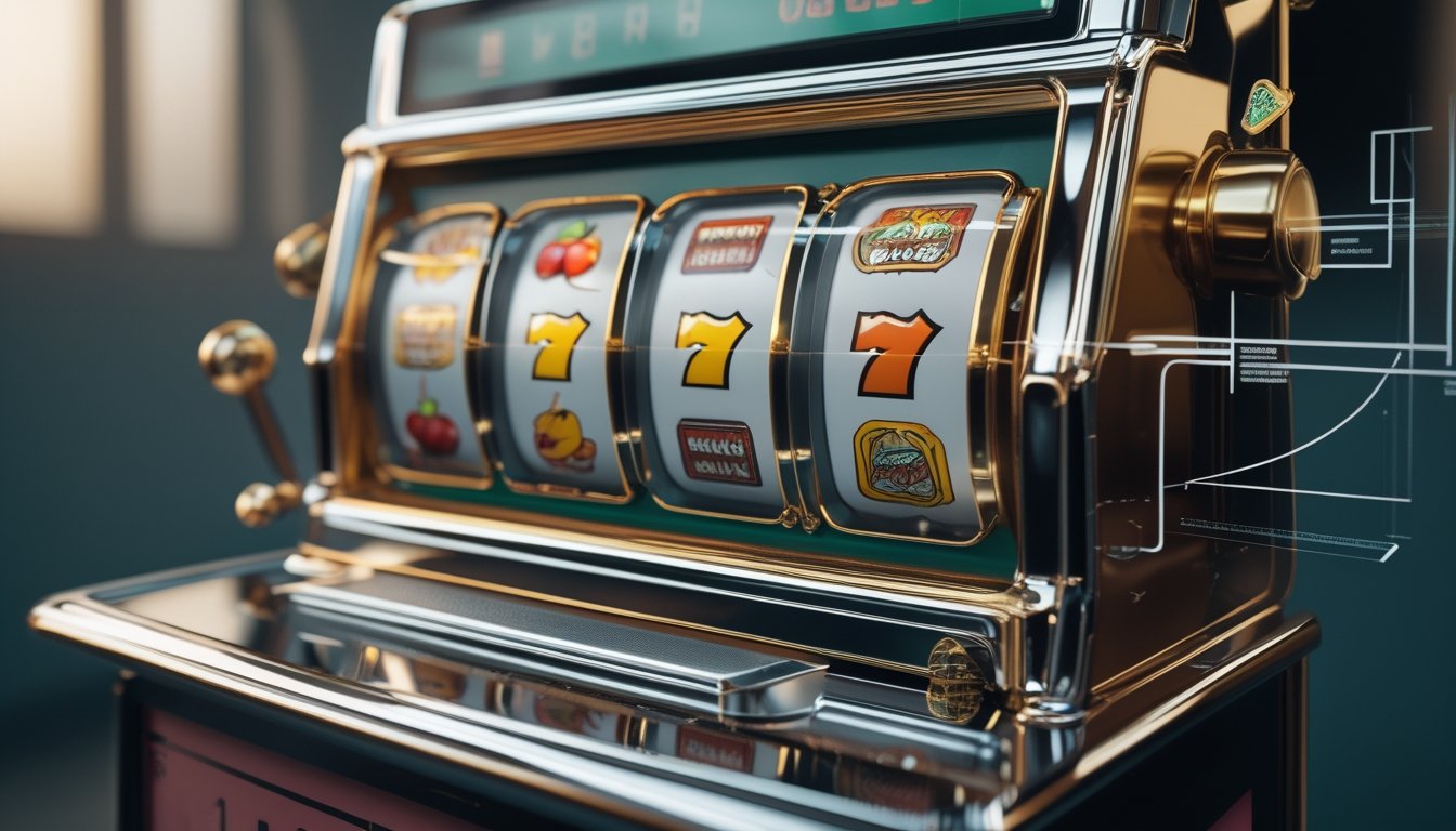 Mesin slot bergaya retro dengan gulungan simbol warna-warni dan elemen grafik analisis di sekitarnya.