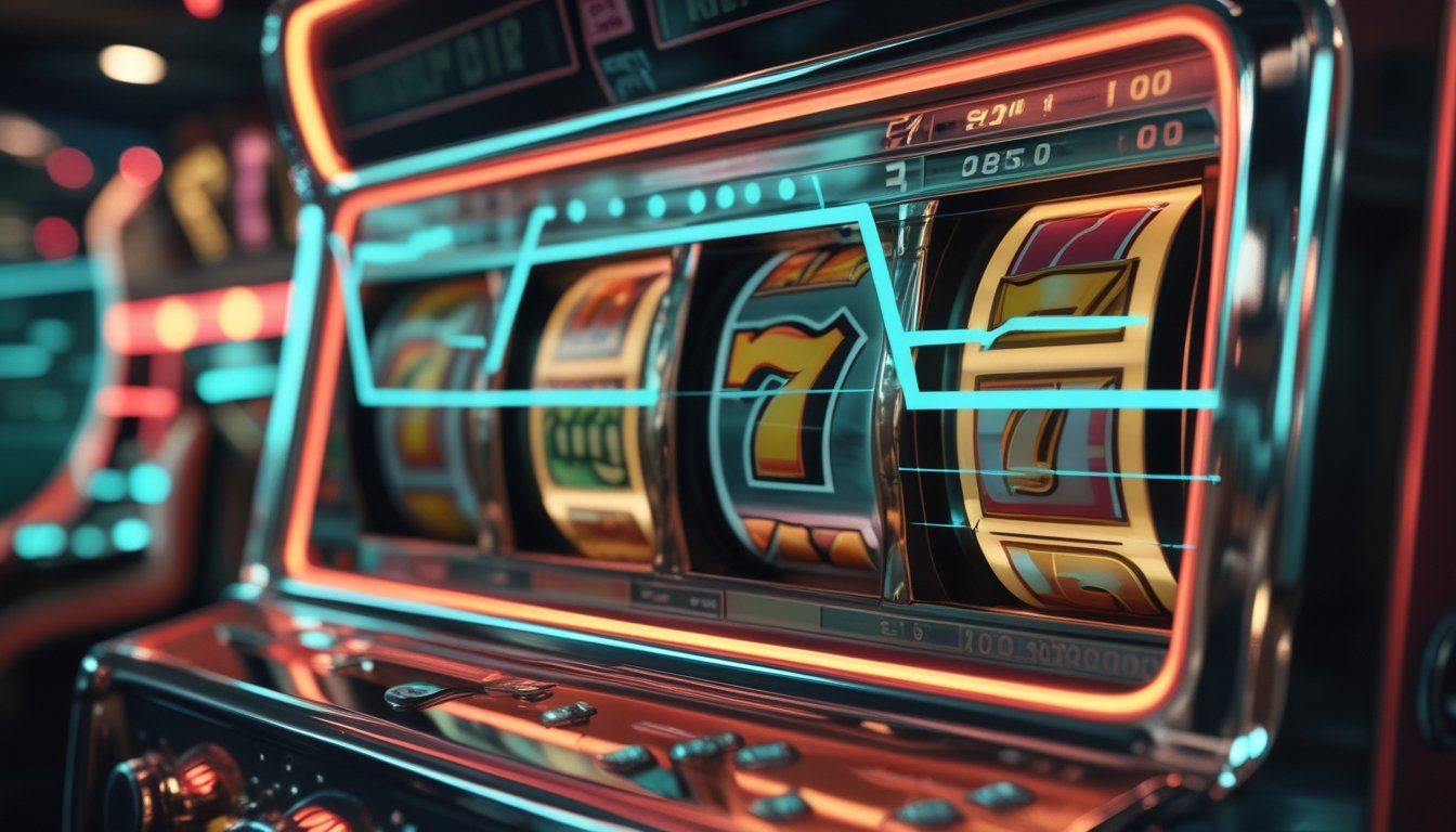 Mesin slot klasik dengan gulungan simbol buah dan garis analisis bercahaya di lingkungan kasino modern.