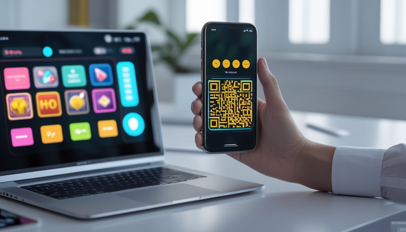 Tangan memegang ponsel dengan tampilan gulungan warna-warni dan pola QR di meja kerja modern.