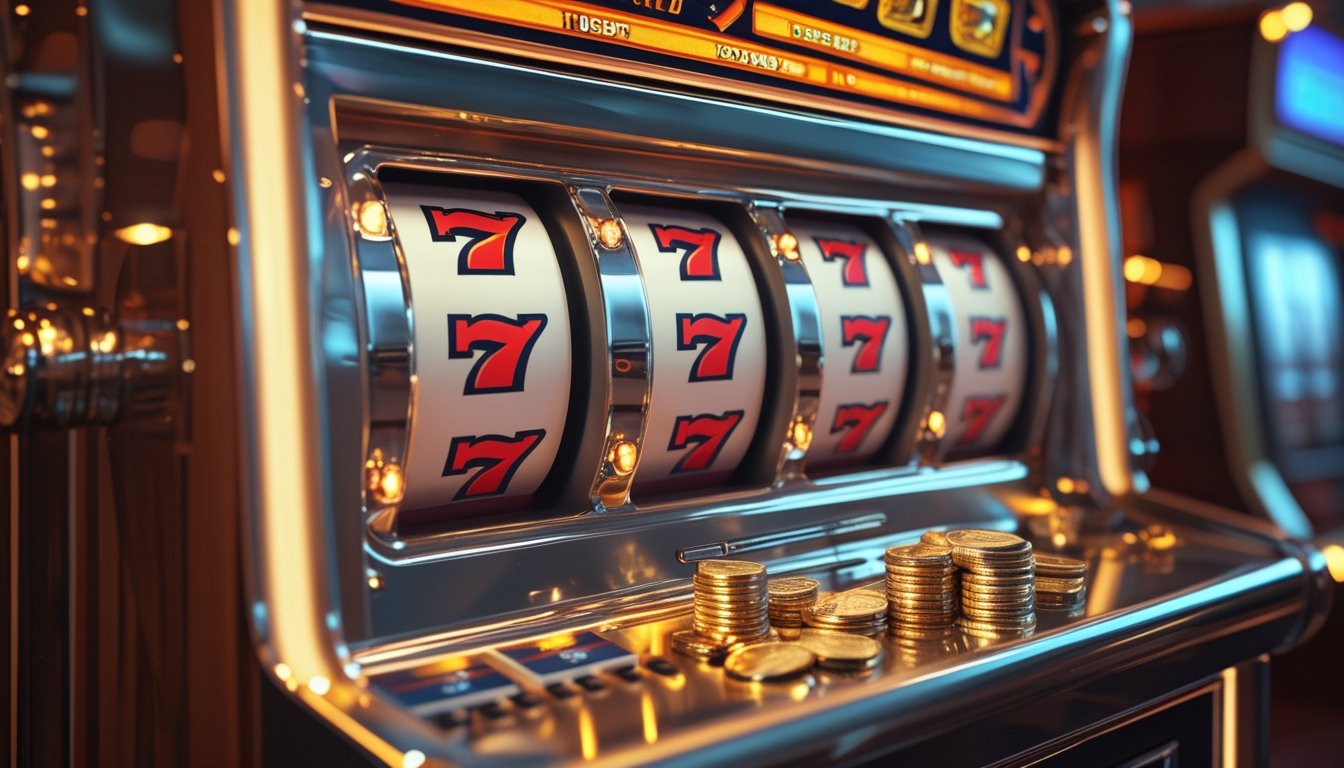 Mesin slot retro berwarna-warni dengan lampu menyala dan koin emas di suasana kasino.
