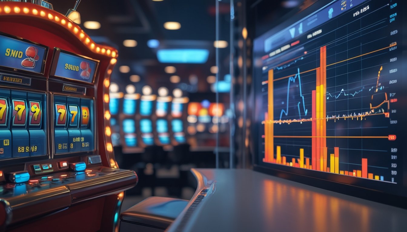 Mesin slot bergaya retro dengan gulungan warna-warni berdampingan dengan grafik analitik yang menggambarkan tingkat kemenangan dan volatilitas.