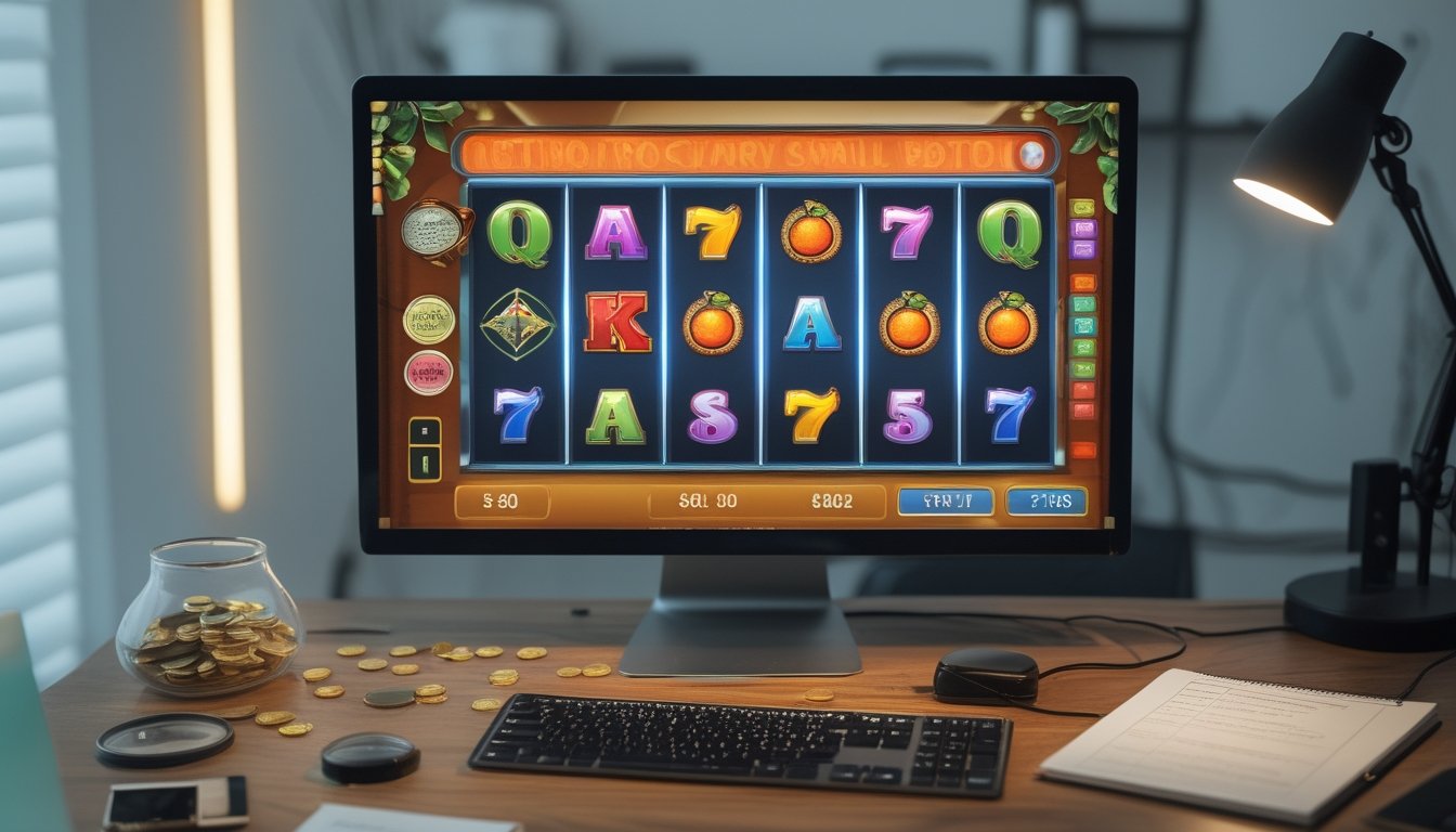 Meja kerja modern dengan monitor dan ponsel yang menampilkan permainan gulungan bergaya retro, disertai koin kecil, kalkulator, kaca pembesar, dan catatan daftar periksa.