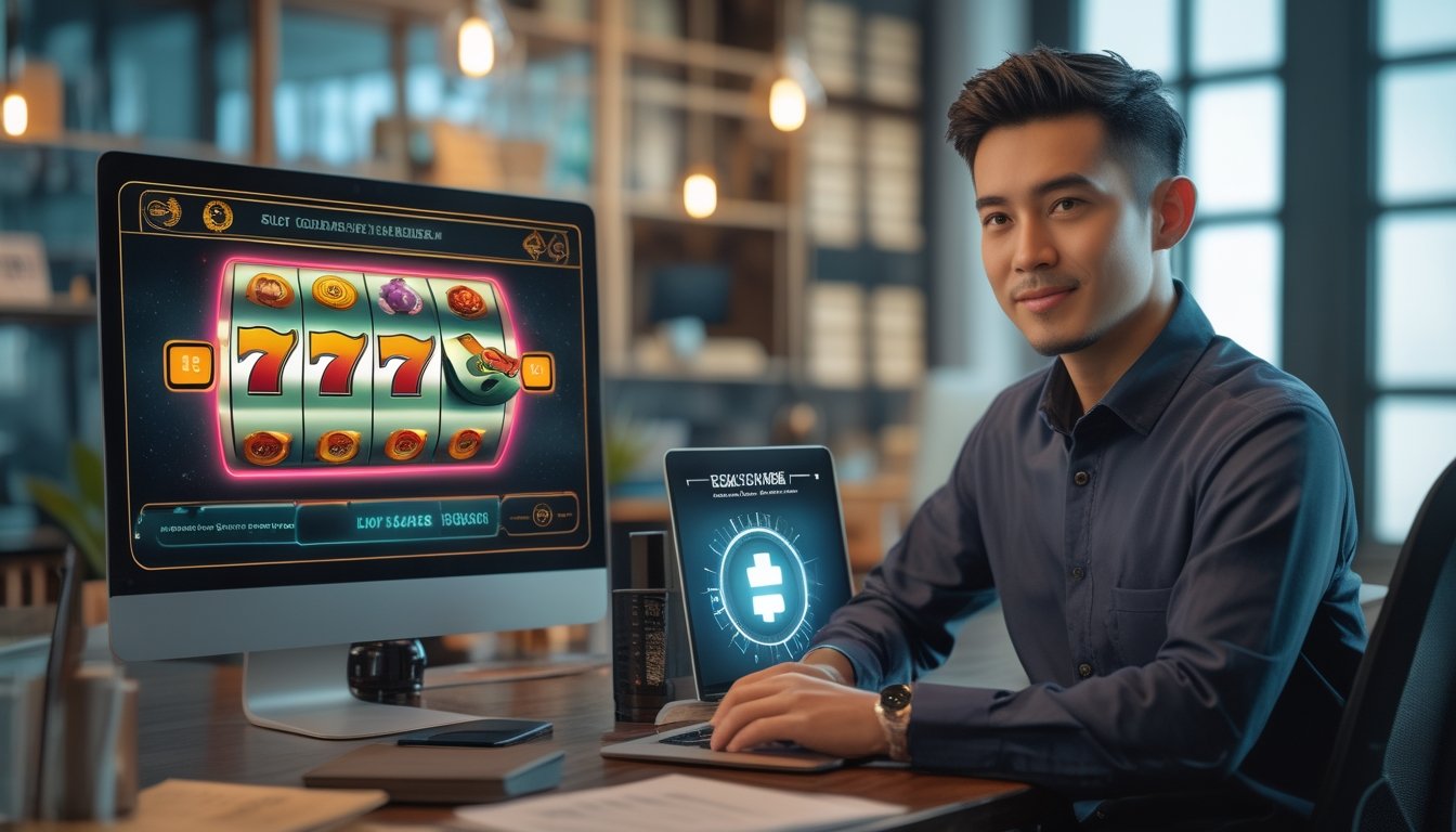 Seorang agen layanan pelanggan meninjau platform permainan slot bernuansa retro di meja kerja modern.