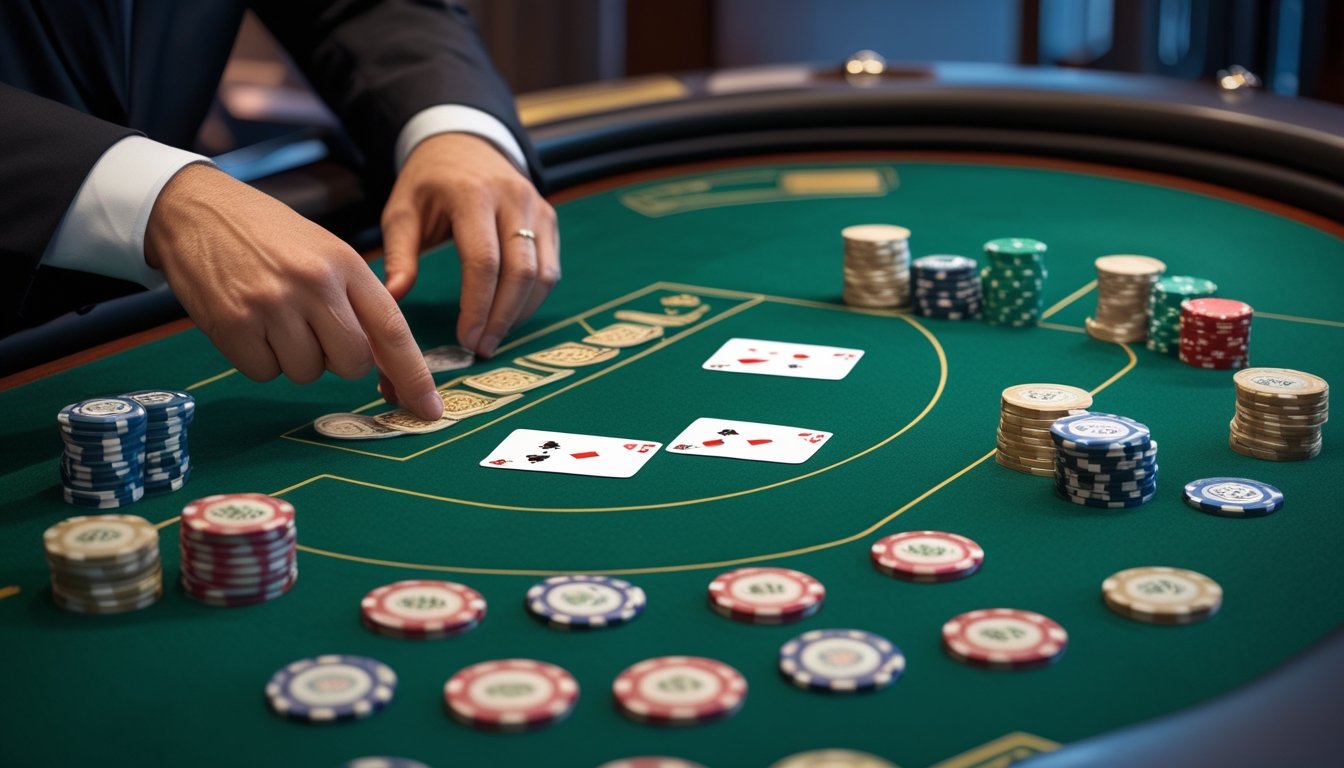Pemula mempelajari Pai Gow Poker di meja kasino dengan kartu dan keping taruhan yang tersusun rapi.