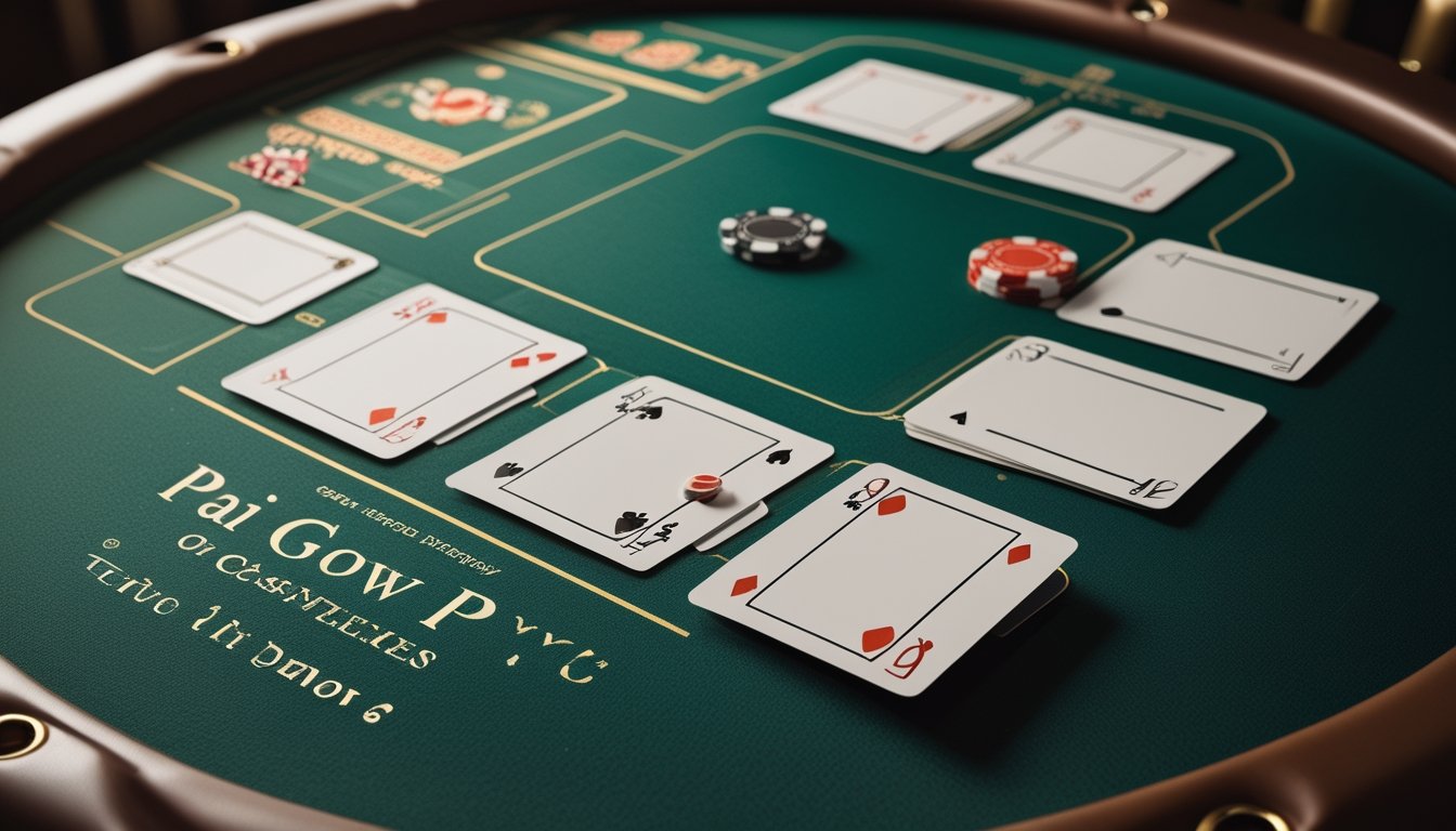 Susunan dua tangan kartu Pai Gow Poker di atas meja kasino dengan chip poker.