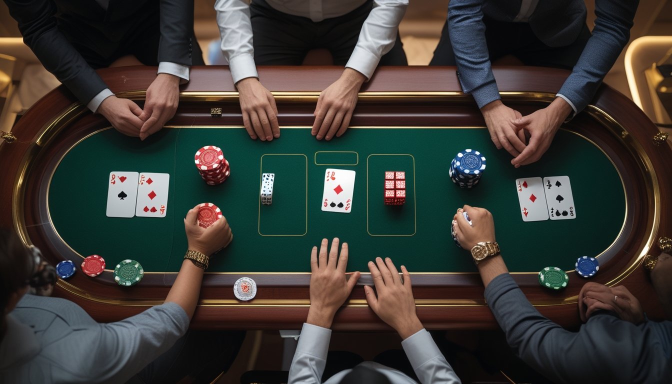 Meja Pai Gow Poker dengan kartu, keping taruhan, dan dadu yang ditata rapi di suasana kasino.