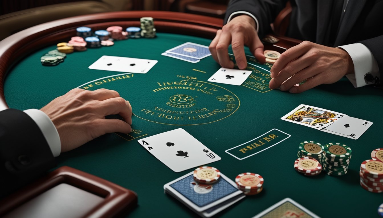 Meja Pai Gow Poker dengan kartu, keping taruhan, dan tangan dealer yang sedang menyusun permainan.