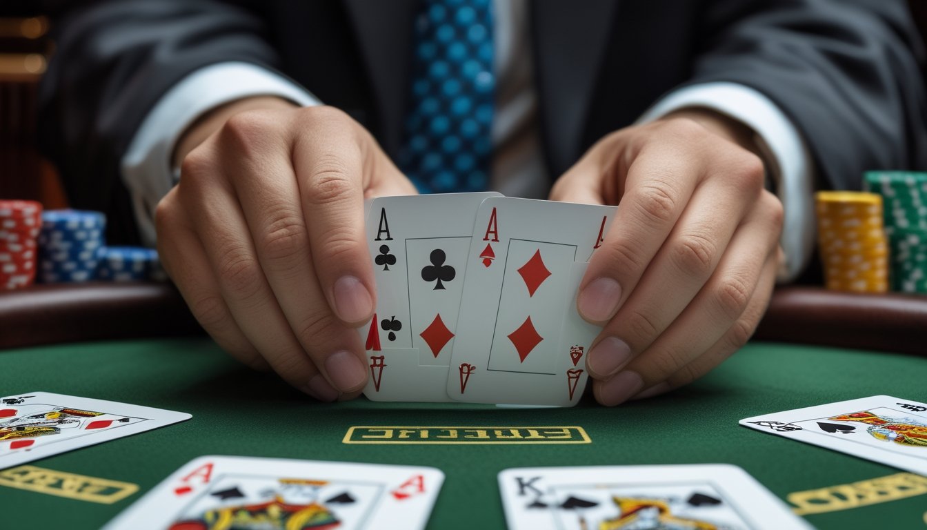 Tangan pemain sedang menyusun tujuh kartu Pai Gow Poker menjadi dua susunan di atas meja kasino.