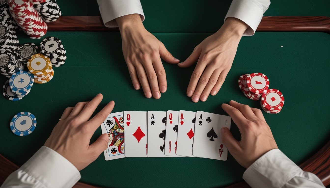 Tangan mengatur tujuh kartu Pai Gow Poker menjadi kelompok lima kartu dan dua kartu di atas meja kasino.