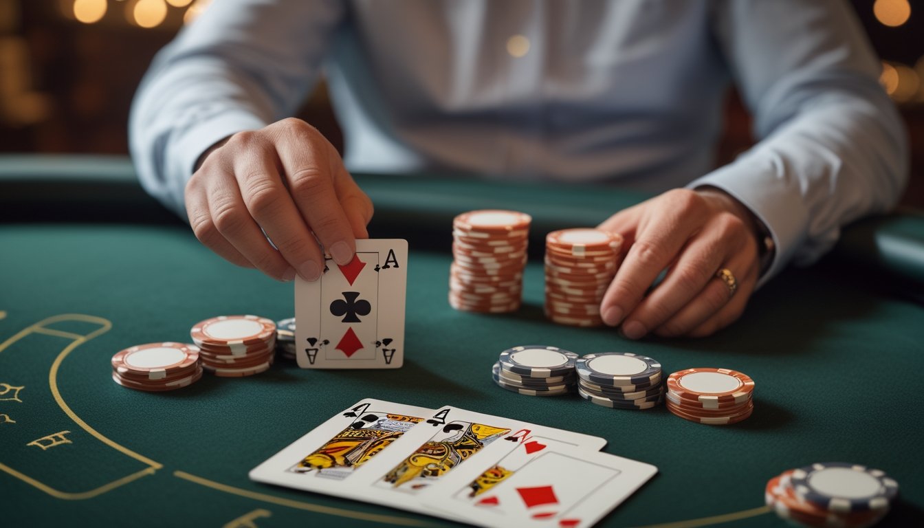 Pemain menganalisis susunan kartu dan keping poker di meja kasino.