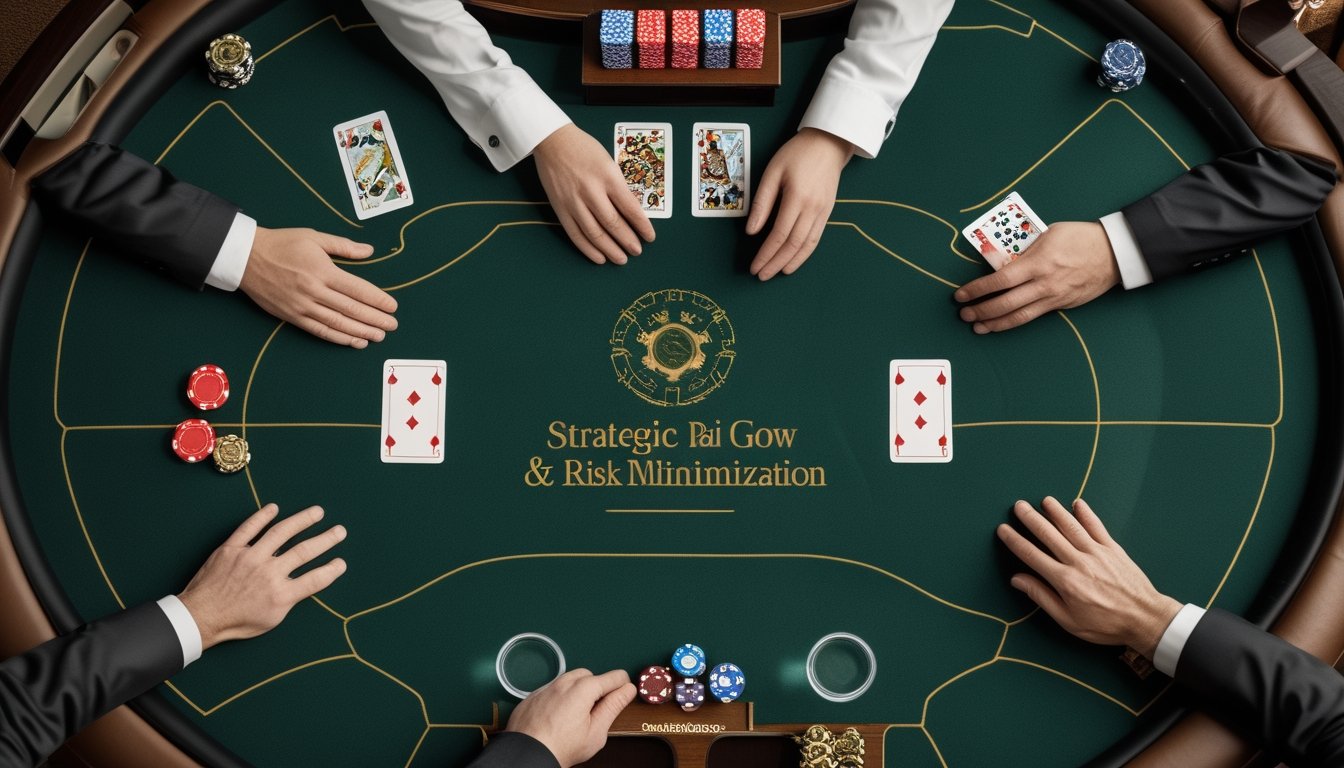 Kartu Pai Gow Poker tersusun menjadi tangan lima kartu dan dua kartu di atas meja kasino dengan chip dan dadu.