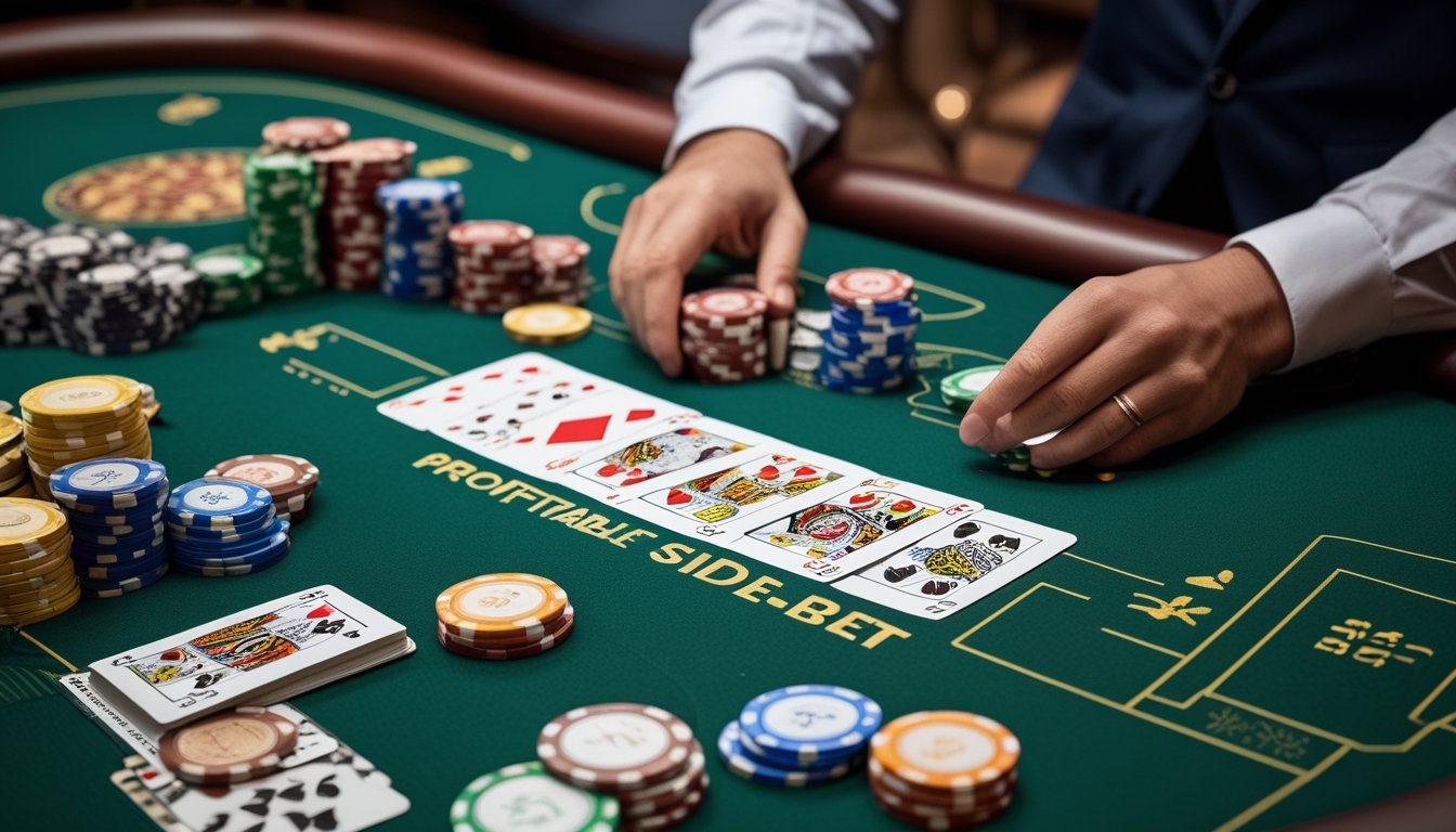 Tangan pemain menyusun kartu Pai Gow Poker dan keping kasino di atas meja felt hijau.