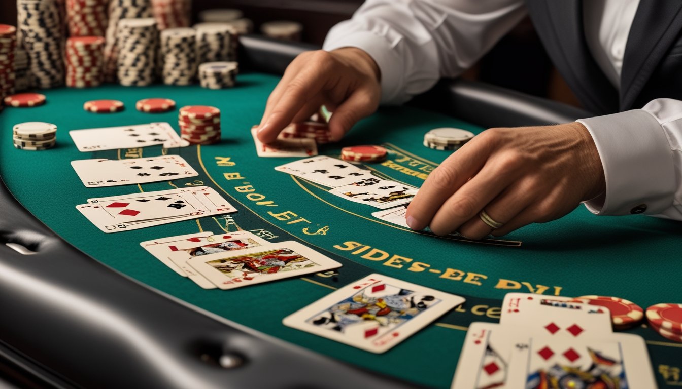 Meja Pai Gow Poker dengan kartu, keping kasino, dan area taruhan sampingan yang ditata rapi.