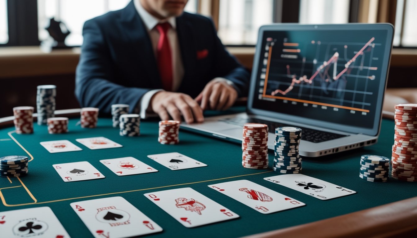 Pemain mempelajari kartu, chip poker, dan analisis peluang di meja permainan.