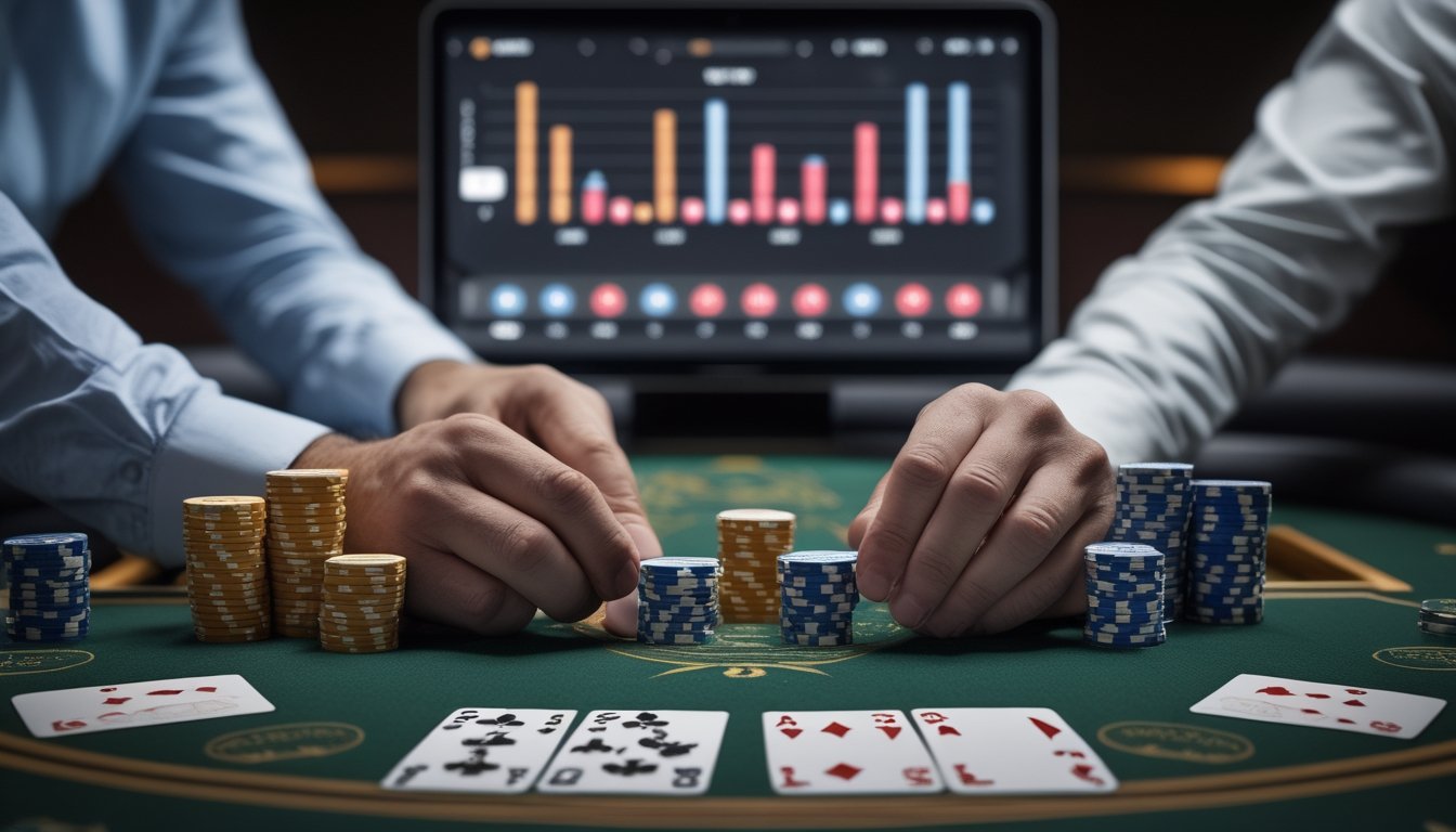 Pemain menyusun kartu Pai Gow Poker dan keping taruhan sambil menganalisis peluang di meja kasino.