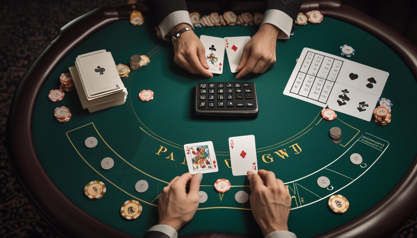 Pemain profesional menyusun kartu Pai Gow Poker dan chip kasino di samping kalkulator serta catatan analisis.