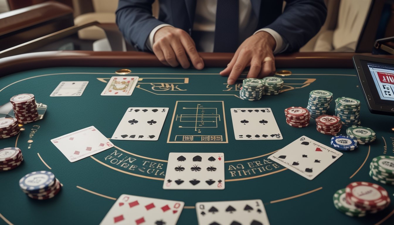 Seorang analis memeriksa kartu Pai Gow Poker, tumpukan chip, dan alat perhitungan di meja kasino.
