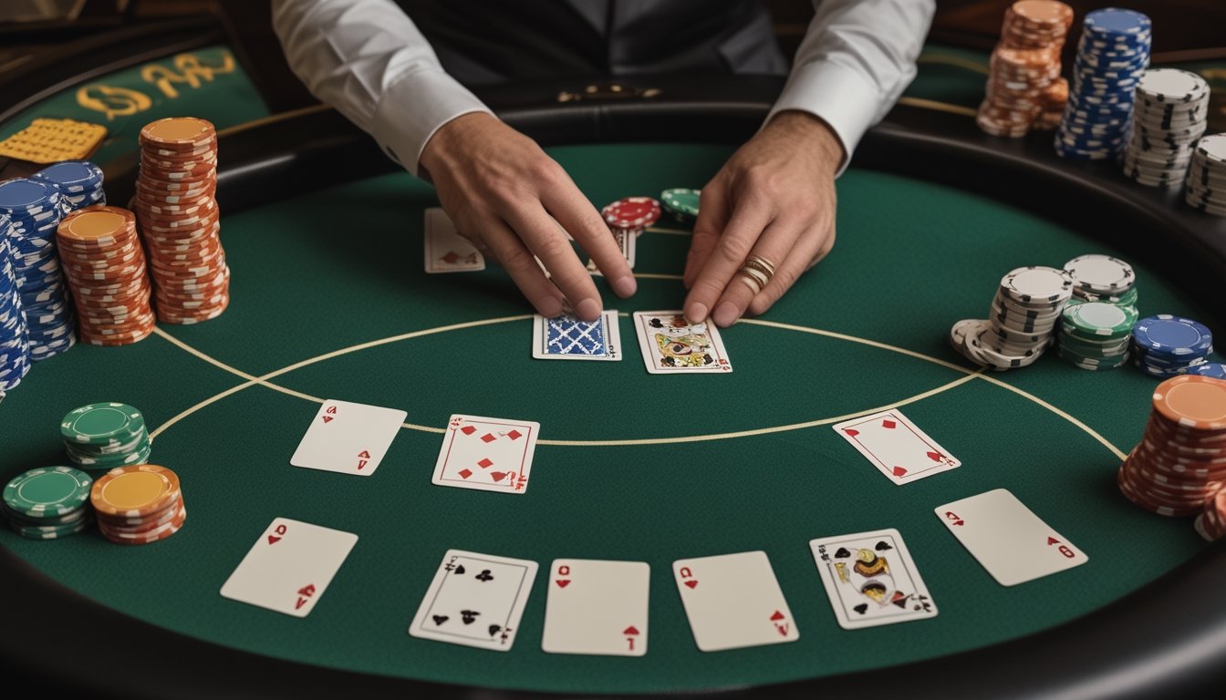 Pemain menilai kartu dan keping taruhan Pai Gow Poker untuk menentukan kapan menjadi banker.