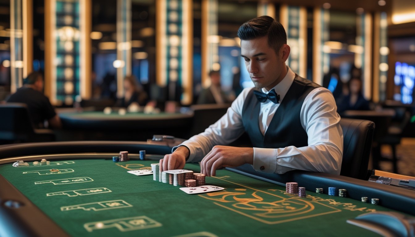Seorang pemain menjadi banker di meja Pai Gow Poker sambil menyusun kartu dan memperhatikan tumpukan chip.