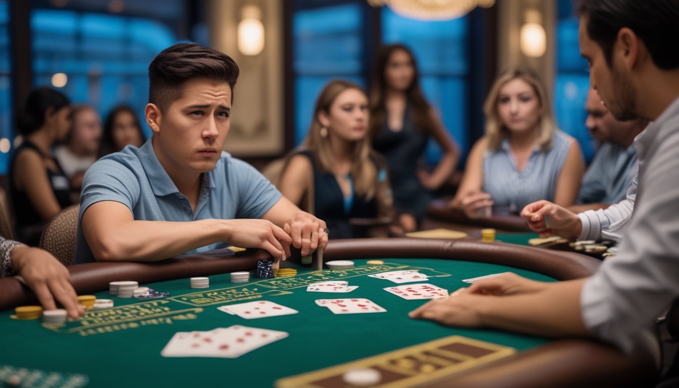 Seorang pemula tampak bingung saat menyusun kartu Pai Gow Poker di meja kasino, dengan dealer menunggu di seberangnya.