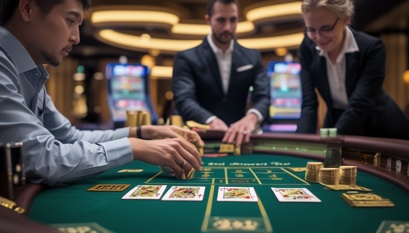 Pemula memeriksa susunan dua tangan kartu Pai Gow Poker di meja kasino dengan arahan dealer.