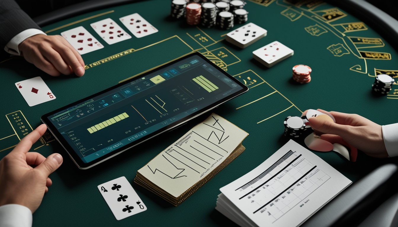 Kartu Pai Gow Poker, keping taruhan, dan perangkat analisis statistik tersusun di atas meja kasino.