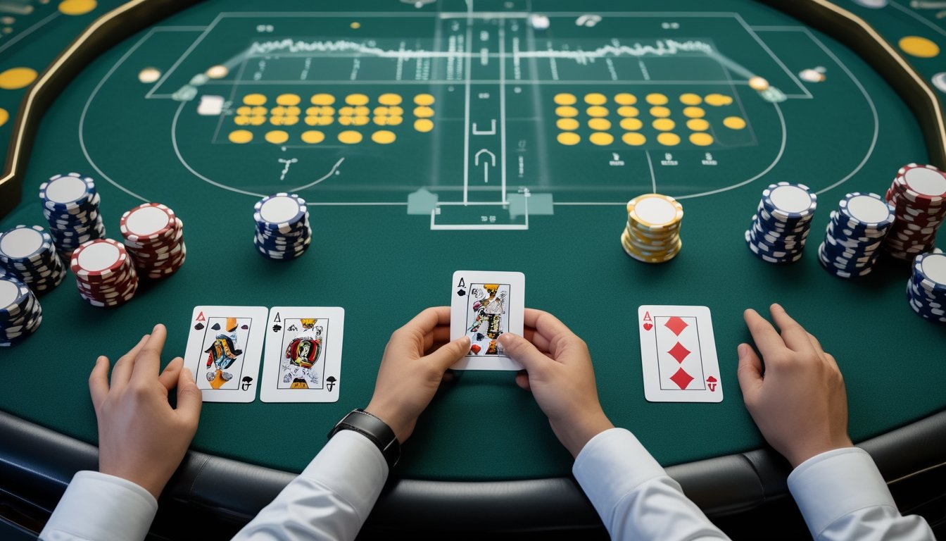 Dealer menyusun kartu bernilai tinggi dan keping poker di meja Pai Gow Poker.
