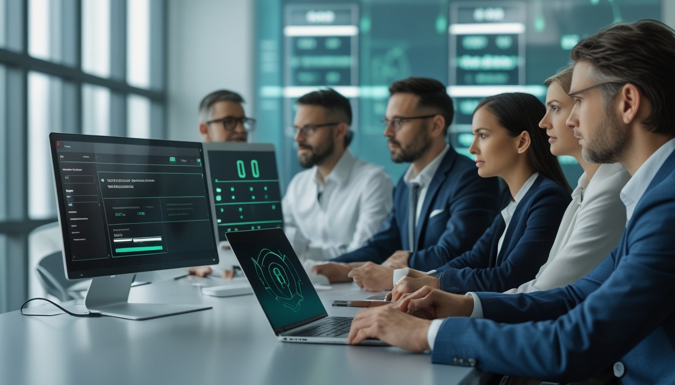 Tim profesional memeriksa keamanan dan data digital di ruang kerja modern.