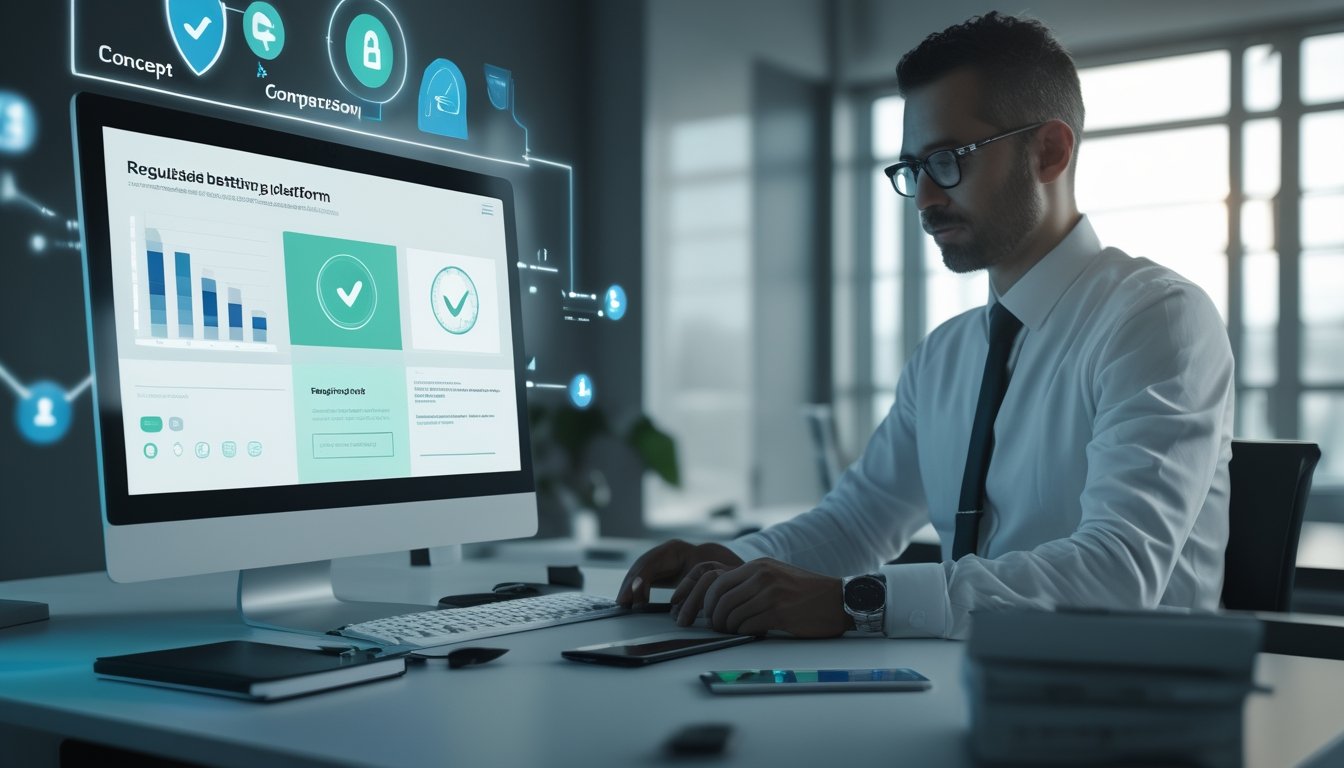 Seorang profesional dewasa meninjau informasi platform taruhan online yang aman di laptop dalam ruang kerja modern.