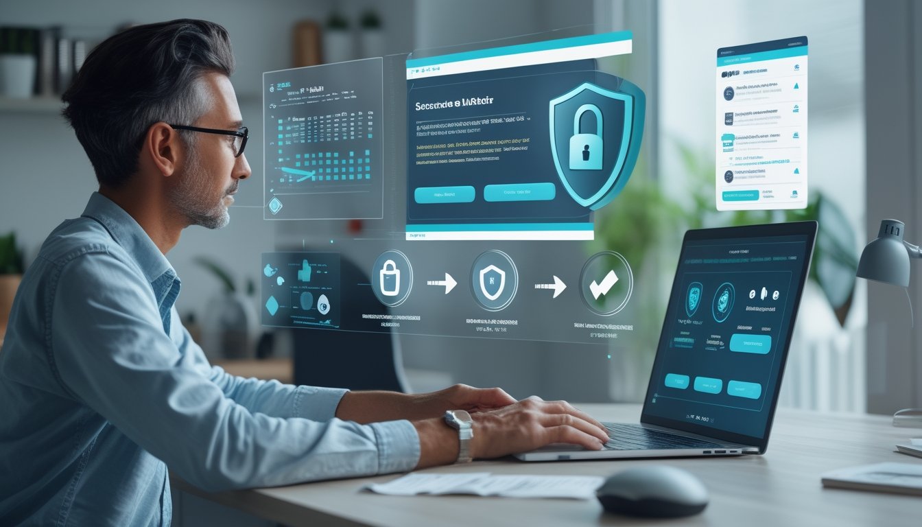 Seseorang memeriksa beberapa pilihan platform daring di laptop dengan simbol keamanan dan verifikasi di meja kerja.