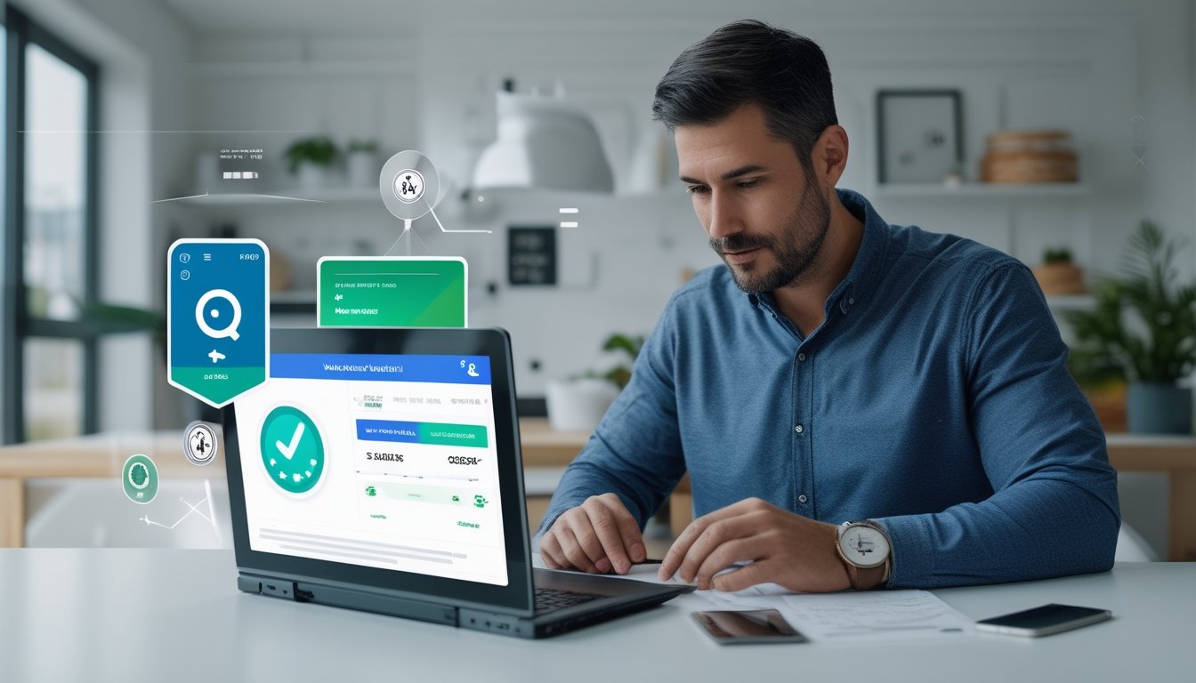 Orang dewasa meninjau platform taruhan digital dan konfirmasi pembayaran di laptop dan ponsel dalam ruang kerja modern.