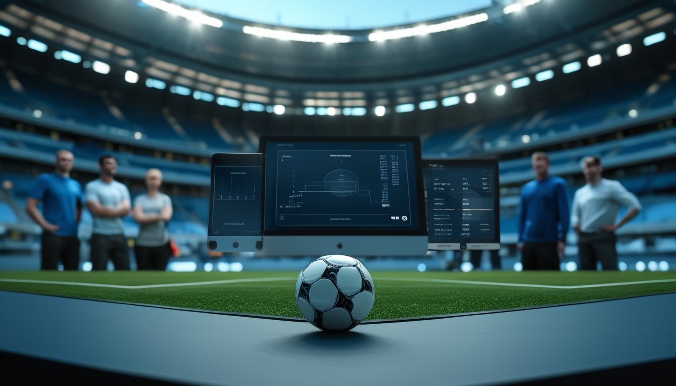 Penggemar sepak bola dewasa menganalisis data pertandingan melalui perangkat digital di stadion yang terang.